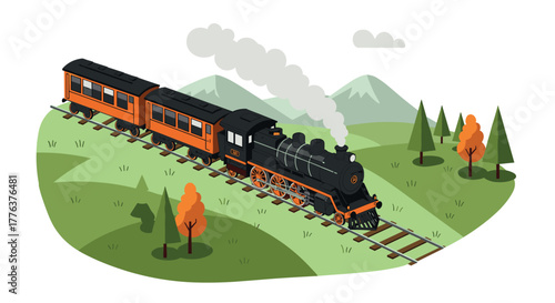 Vintage steam train crossing scenic countryside in flat design
