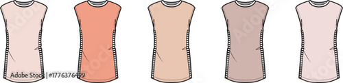 A vector illustration set of women's sleeveless tunic dresses in a neutral color palette. This fashion flat sketch collection is a template for apparel design