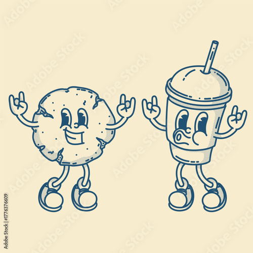 Happy retro mascot cookie and coffee to go character, smiling, thumb up gesture. Menu, homemade bakery symbol