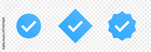 A set of blue checkmark icons. Identity verification icon PNG. Icons of various colors and shapes.