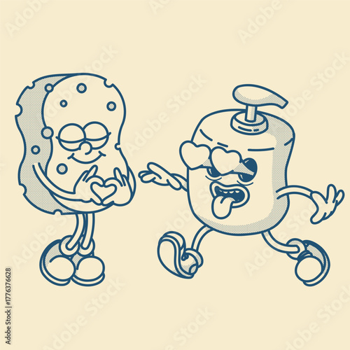 Pump bottle with sponge set. Shower gel or dish soap. Refillable eco-friendly design, bathroom and kitchen organizer