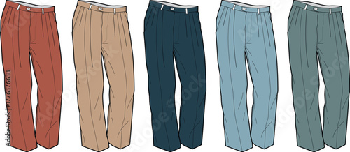 Vector illustration of a men's classic trousers collection. Set of five pairs of casual pants in a variety of earthy and blue tones for fashion design and apparel mockups