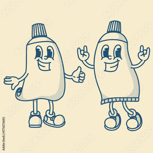Playful retro toothpaste and cream mascots duo. Charming vintage vector art for oral care, cosmetic packaging