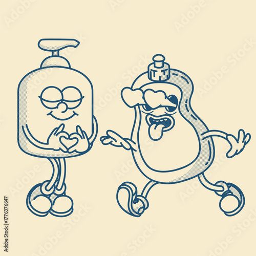 Refillable pump bottles, scincare and dish soap. Recyclable plastic, spa and home aesthetic. Retro mascot