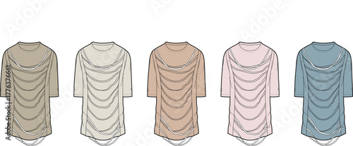 Collection of trendy, short-sleeved shirts in various pastel shades, fashion concepts