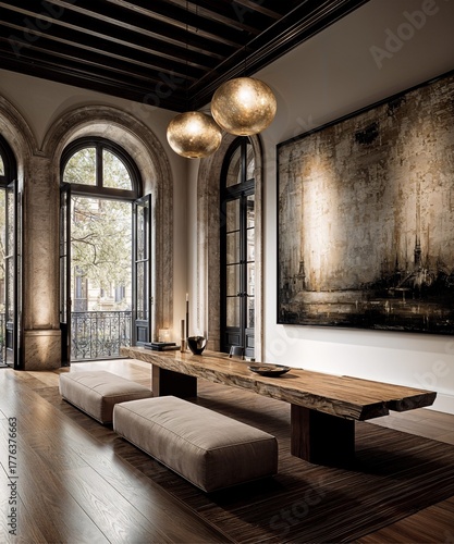 French Classical Interior Design, High Arched Windows with Raw Wood Furniture and Abstract Art Painting Elegant Luxury Apartment Space.