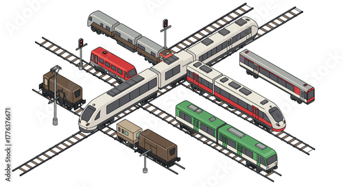 Isometric train intersection with multiple railcars and tracks
