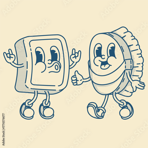 Retro soap and brush mascots for bath and cleaning. Vintage wooden design meets eco hygiene in cute vector art