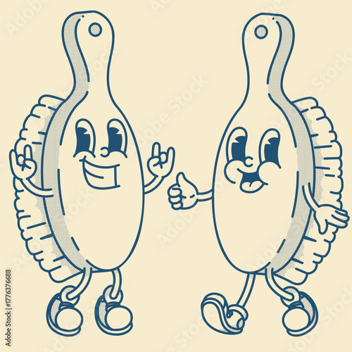 Playful pair of retro brush mascots - wooden and natural. Wholesome vector art for eco bath accessories and packaging