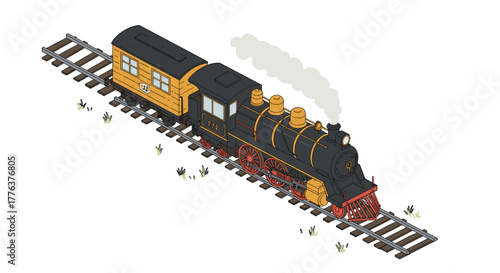 Isometric vintage train on tracks with steam and carriage