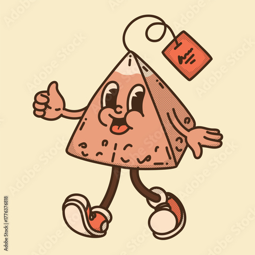 Cheerful pyramid black tea bag mascot thumbs up. Premium Assam and Ceylon blend retro character
