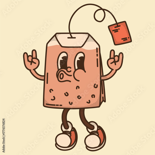 Rock'n'roll rectangular black tea bag mascot. Bold English Breakfast and Ceylon rebel character design