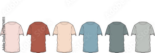 Collection of six plain t-shirts in various muted colors laid out in a row against a white background