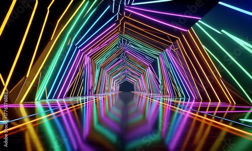 Vibrant neon light tunnel with geometric patterns and reflections creating a futuristic and abstract visual experience