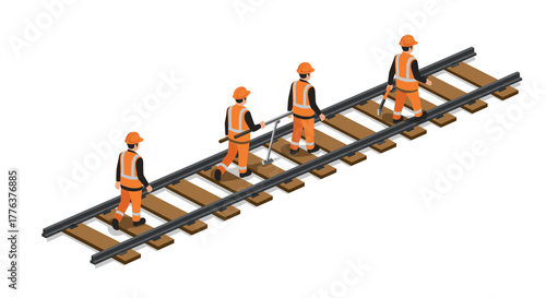 Isometric construction workers walking on railway tracks in safety gear