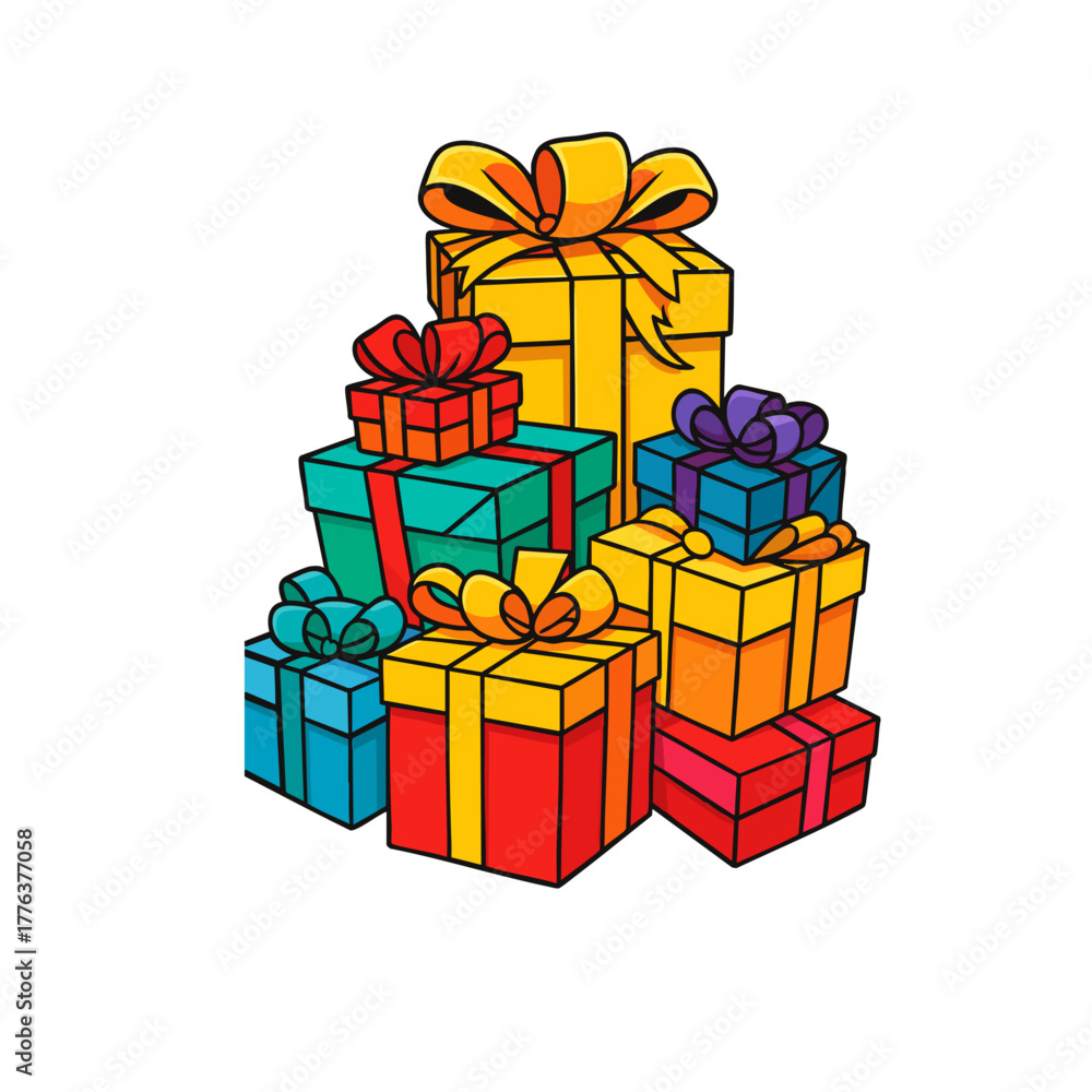 Fototapeta premium Colorful Gift Boxes with Ribbons | Festive Present Stack Vector Illustration