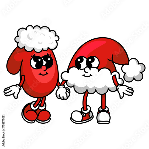 Cozy mitten and Santa hat mascot pair. Colorful vector design isolated on white background for winter apparel branding