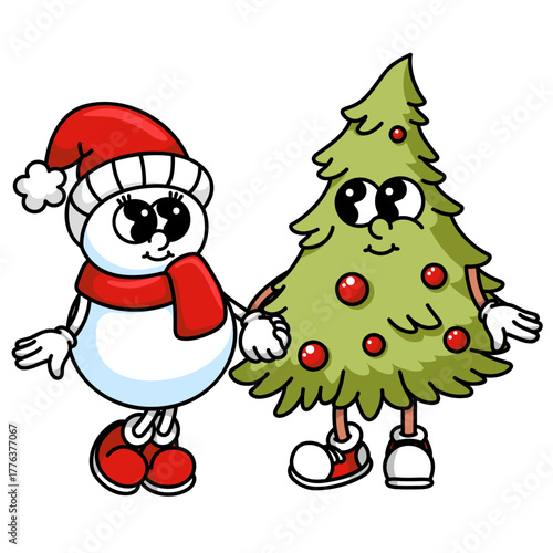 Jolly snowman and decorated Christmas tree mascots. Bright vector design isolated on white background for festive branding