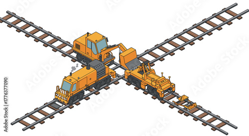 Isometric construction vehicles on railroad tracks