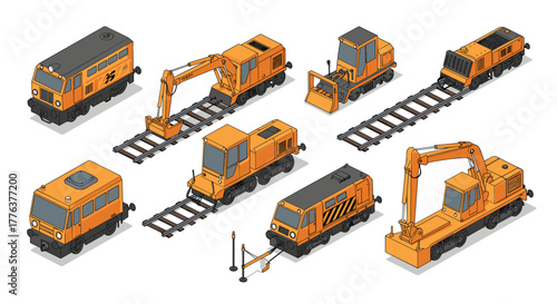 Construction and maintenance railway vehicles in isometric view