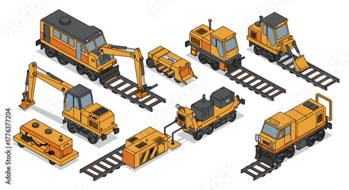 Isometric construction and rail maintenance vehicles on tracks