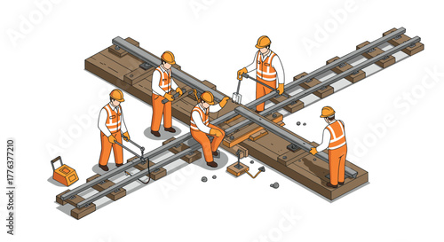 Railway track construction workers: isometric industrial teamwork illustration