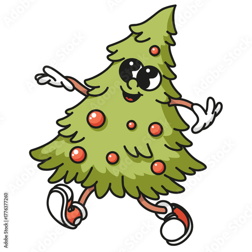 Fluffy Christmas tree mascot with colorful ornaments Bright retro vector design isolated on white background for festive decorations and holiday branding