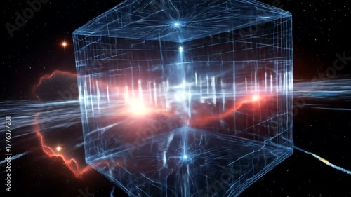 Abstract video featuring a glowing cube with intricate wireframe design in deep space environment