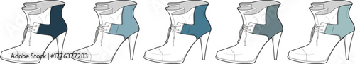 Fashionable high-heeled boots in various shades of blue denim with faux fur trim