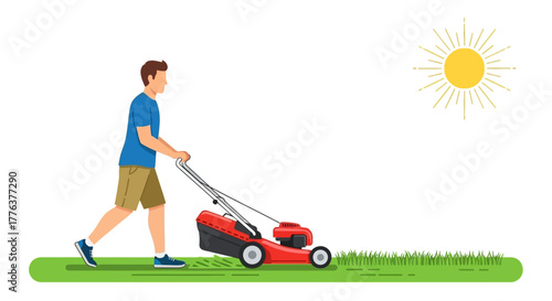 Energetic man performing outdoor yard maintenance, efficiently pushing a modern red lawnmower to trim green grass under a bright, clear summer sky