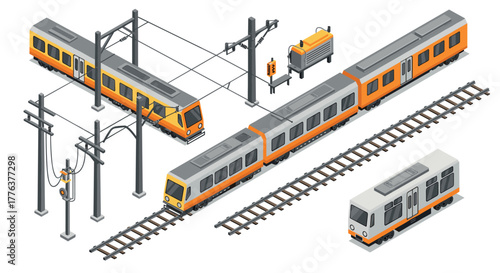 Modern urban isometric train scene with overhead lines and infrastructure