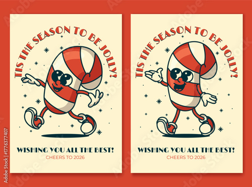 Vintage Christmas card with jolly candy cane mascot tis the season greeting with snowflakes and peppermint stripes