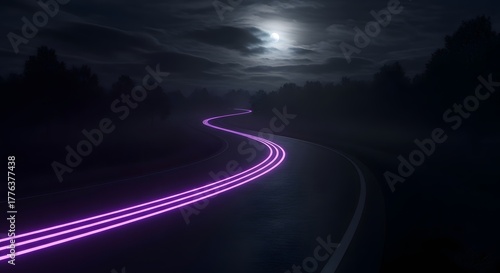 Winding Road with Glowing Neon Purple Lines on a Foggy Moonlight Night
