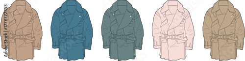 A colorful set of women's trench coats or parkas. A fashion design template with technical flat sketches for apparel concepts