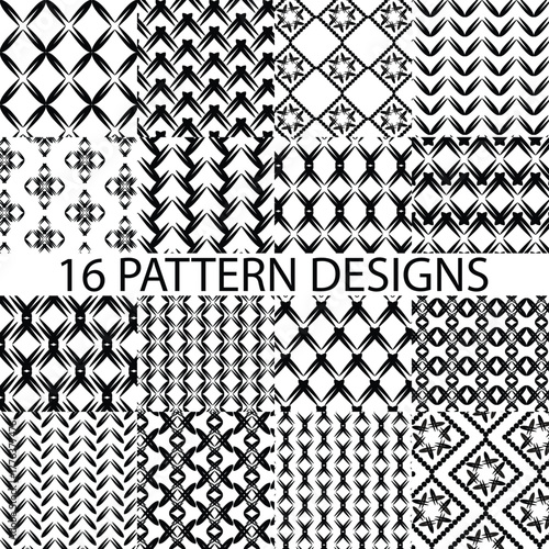 sixteen seamless repeat pattern designs in white and black for textiles, fabrics, garments, clothing, wallpaper, sheets, tile, backdrops, decor, paper, and motif industrial illustration.