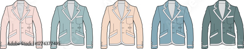 Collection of stylish illustrated blazers in a range of pastel colors with elegant white trim, showcasing fashionable outerwear designs suitable for various occasions and seasons