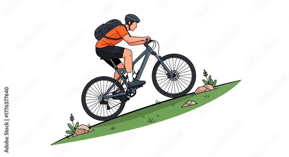 Obraz premium Side profile vector art of a man on a mountain bike riding uphill on a challenging grassy and rocky trail