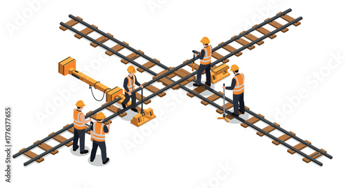 Isometric railway maintenance scene featuring workers and equipment on crossing tracks