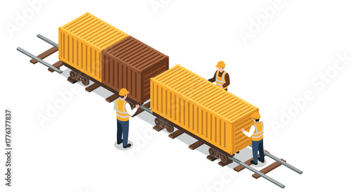 Workers in safety gear inspecting railway shipping containers in isometric design