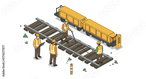 Isometric construction scene with workers on railway maintenance