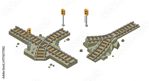 Isometric railway tracks with traffic signals on white background