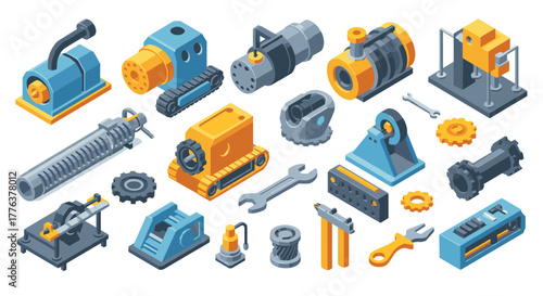 Isometric industrial machinery and tools collection for engineering projects