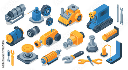 Industrial equipment and machinery in isometric design for engineering projects