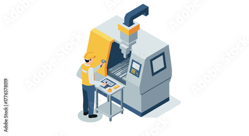 Isometric factory worker operating cnc machine with precision and safety gear
