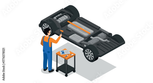 Isometric electric car chassis assembly with mechanic in workshop setting