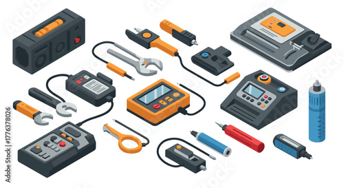 Isometric electronics gadgets and tools in modern 3d design