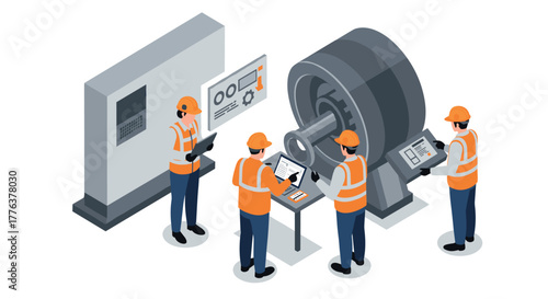 Isometric factory workers operating industrial machinery in safety gear