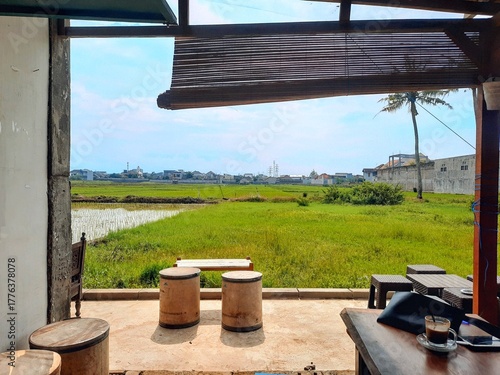 Scenic Cafe Terrace Overlooking Green Rice Field.