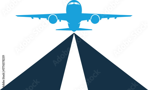 Blue airplane taking off from runway with converging lines perspective