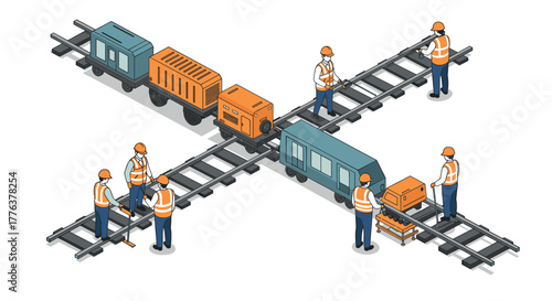Isometric railway construction scene with workers and equipment on tracks